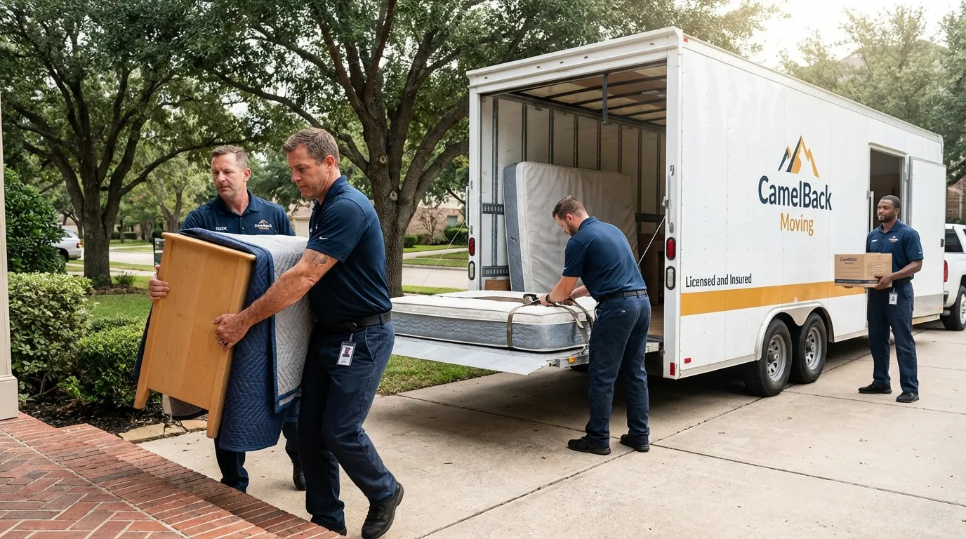 Crew loading residential truck for cross-state move from Chualar, CA
