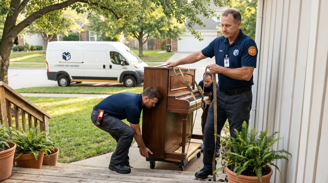 Licensed piano movers securing grand piano in Chualar, CA