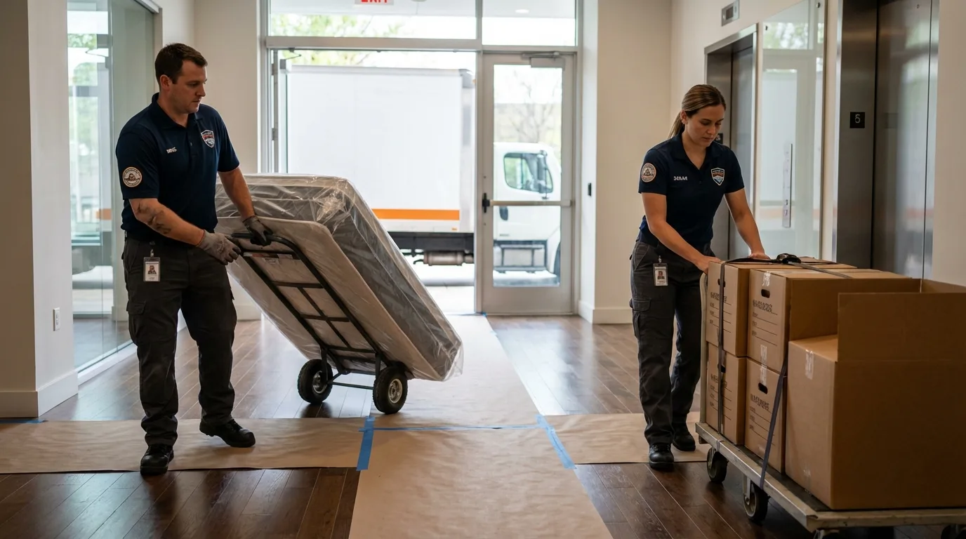 Professional apartment movers loading elevator in Chualar, CA