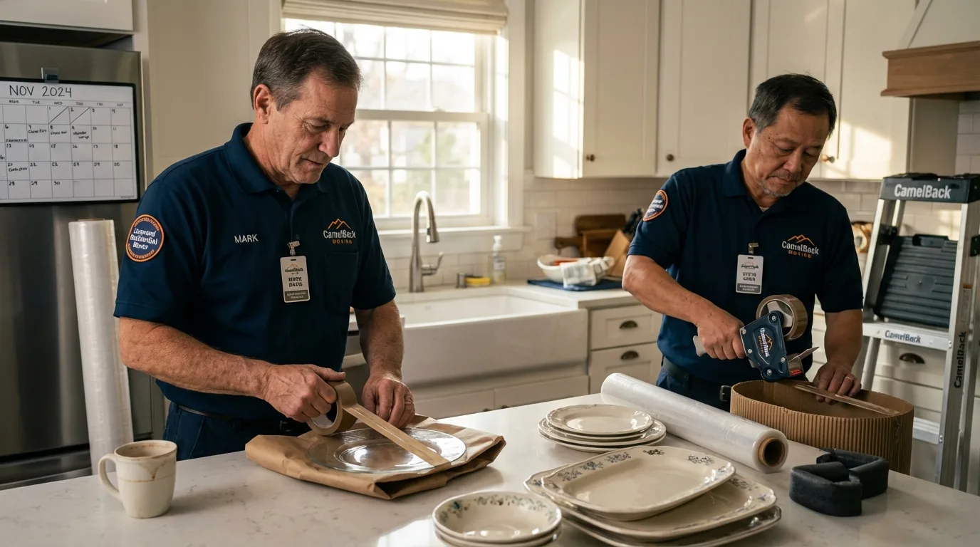 Professional crew packing kitchen dishware in Chualar, CA